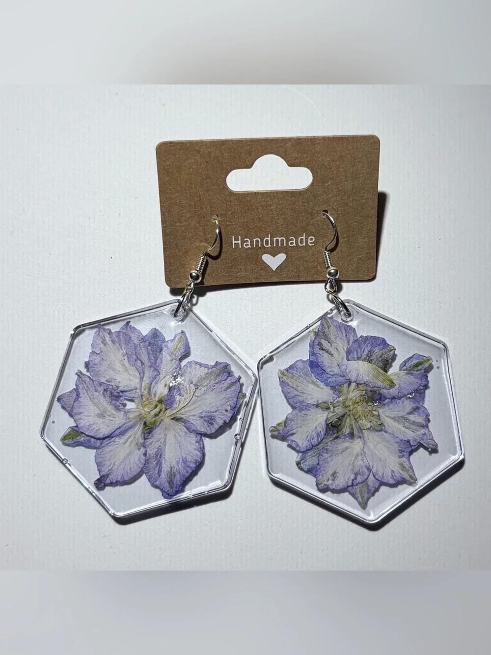 Handmade Purple Floral Resin Earrings - Hexagon Drop